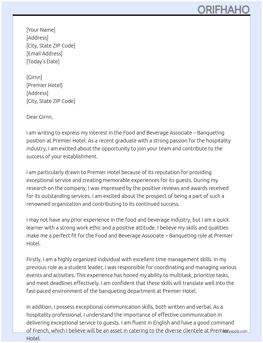 Food and beverage associate-banqueting  At Premier hotel  Cover Letter