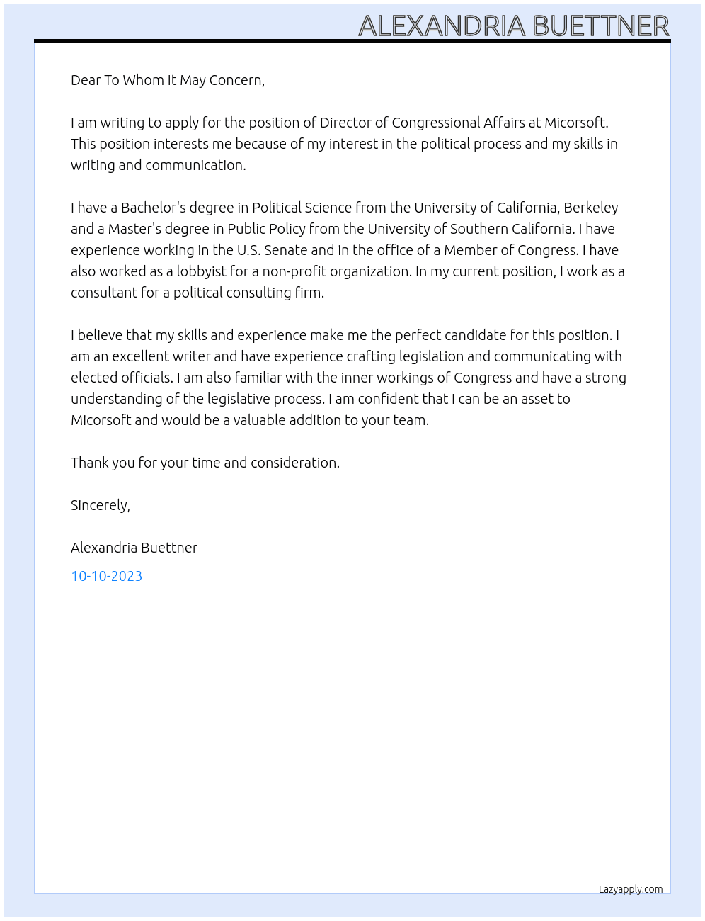 Director of Congressional Affairs At Micorsoft Cover Letter