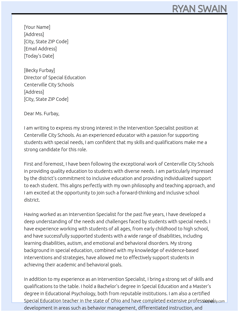 Intervention Specialist At Centerville City Schools Cover Letter