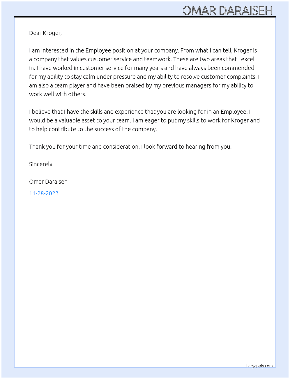 Employee  At Kroger  Cover Letter