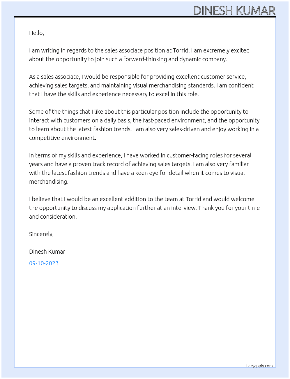 sales associate At Dinesh Kumar Cover Letter