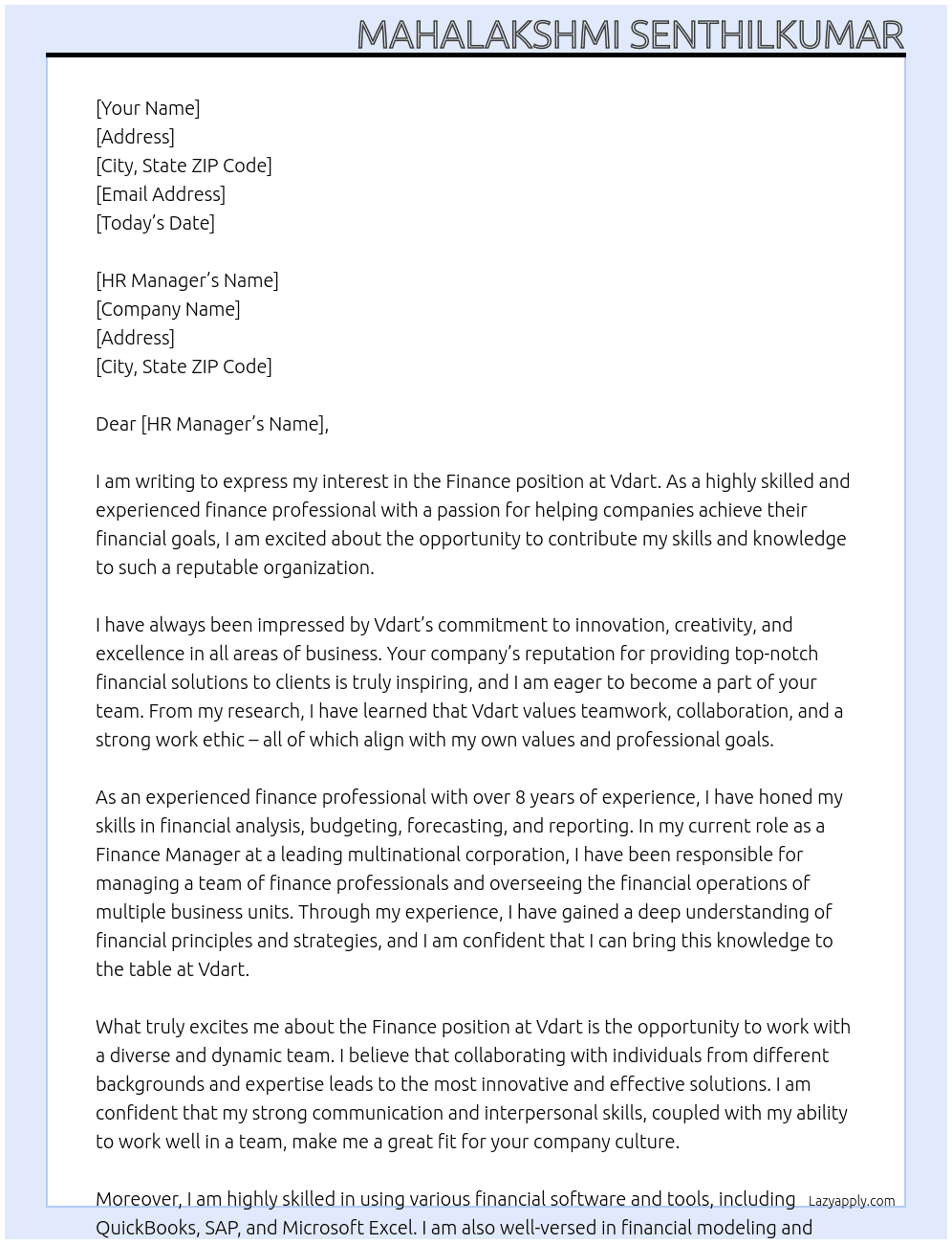 Finance At Vdart Cover Letter