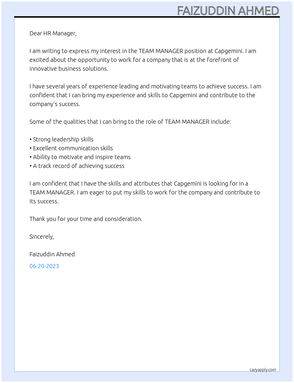 TEAM MANAGER` At Capgemini Cover Letter