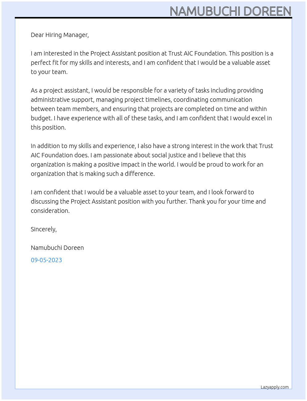 Project Assistant At Trust AIC Foundation Cover Letter