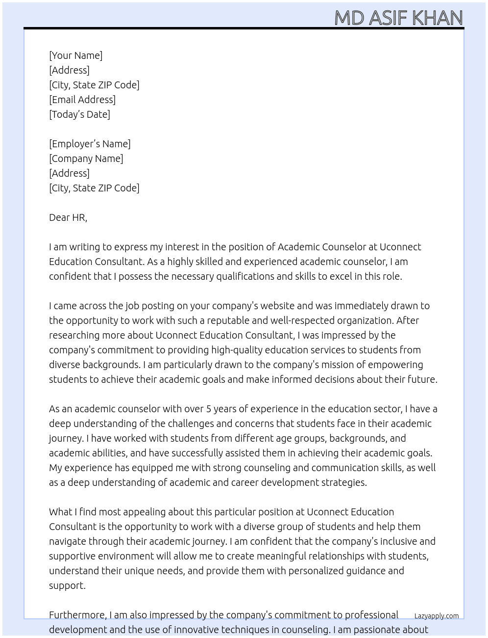 Academic Counselor  At Uconnect Education Consultant  Cover Letter