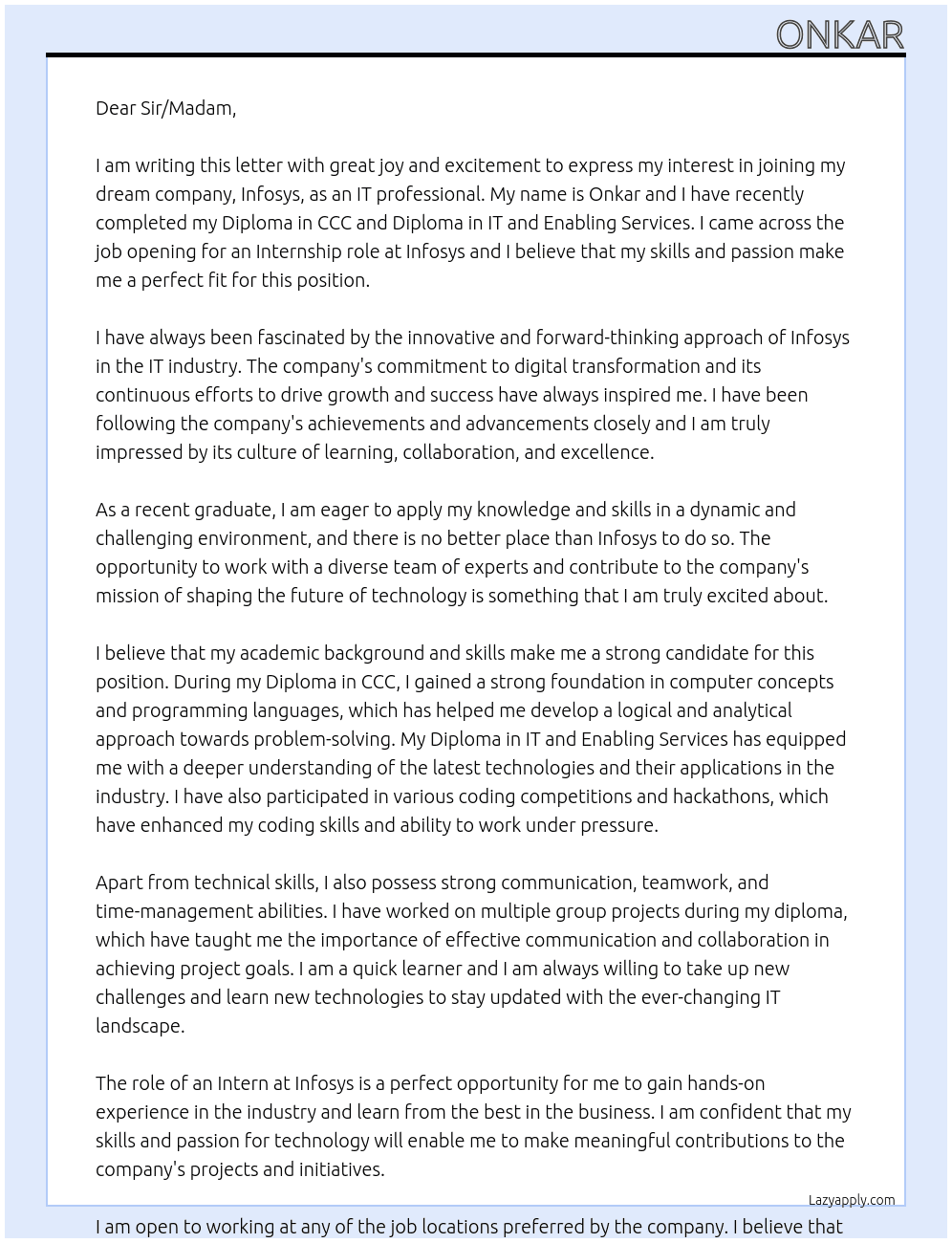 IT At Infosys  Cover Letter
