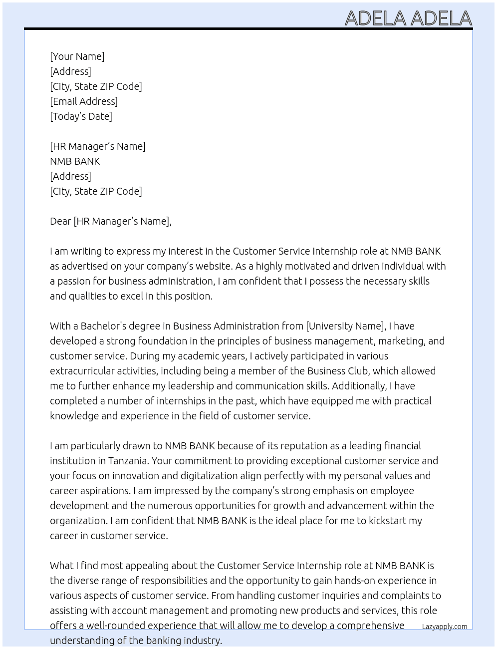 Customer Service  At NMB BANK  Cover Letter