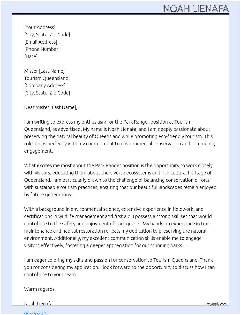 Park ranger At Tourism Queensland Cover Letter