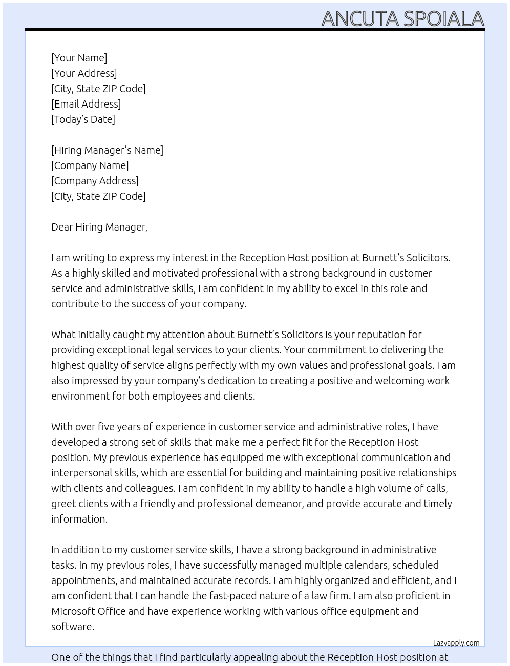 Reception host  At Burnett's Solicitors  Cover Letter