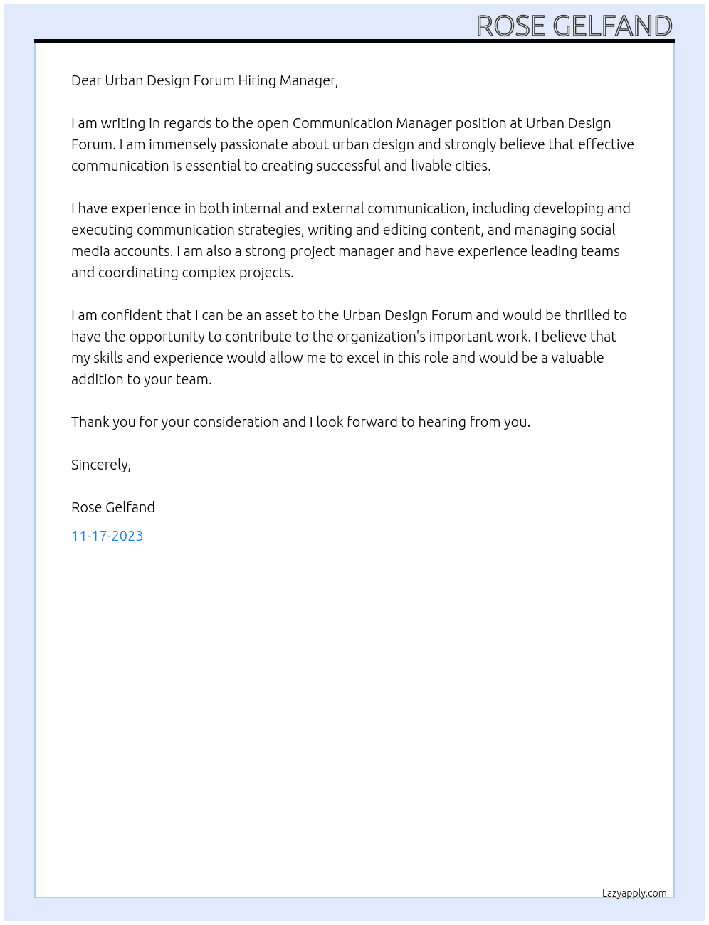 Communication Manager At Urban Design Forum Cover Letter