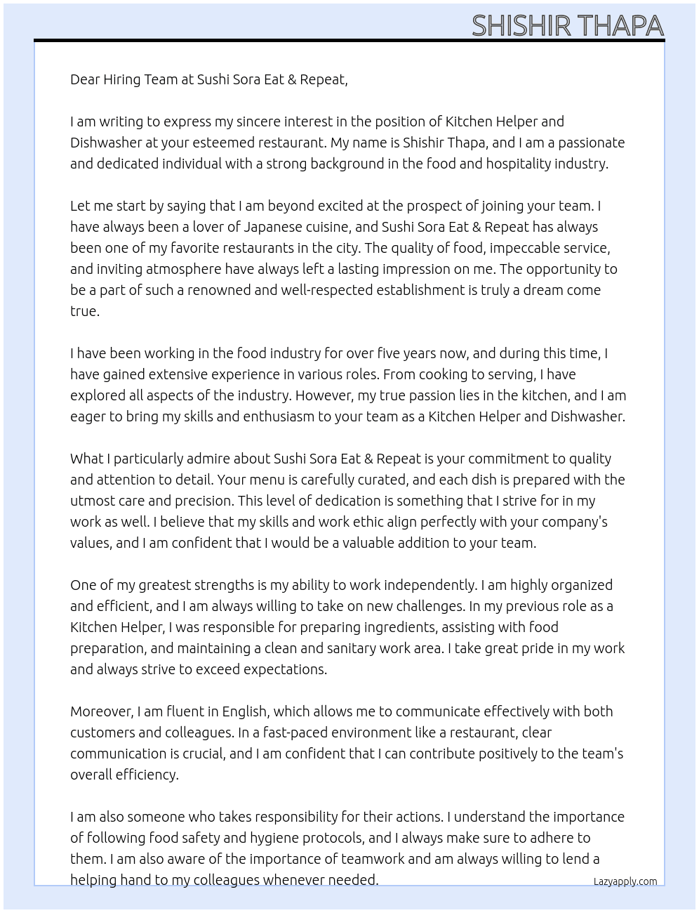 Kitchen helper and dishwasher At Sushi Sora Eat & Repeat  Cover Letter