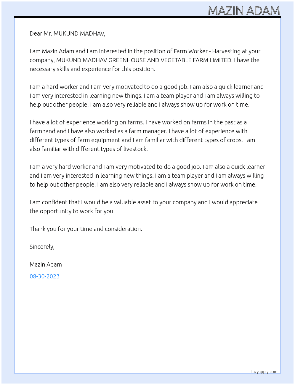 Cover letter for farm worker - harvesting - LazyApply