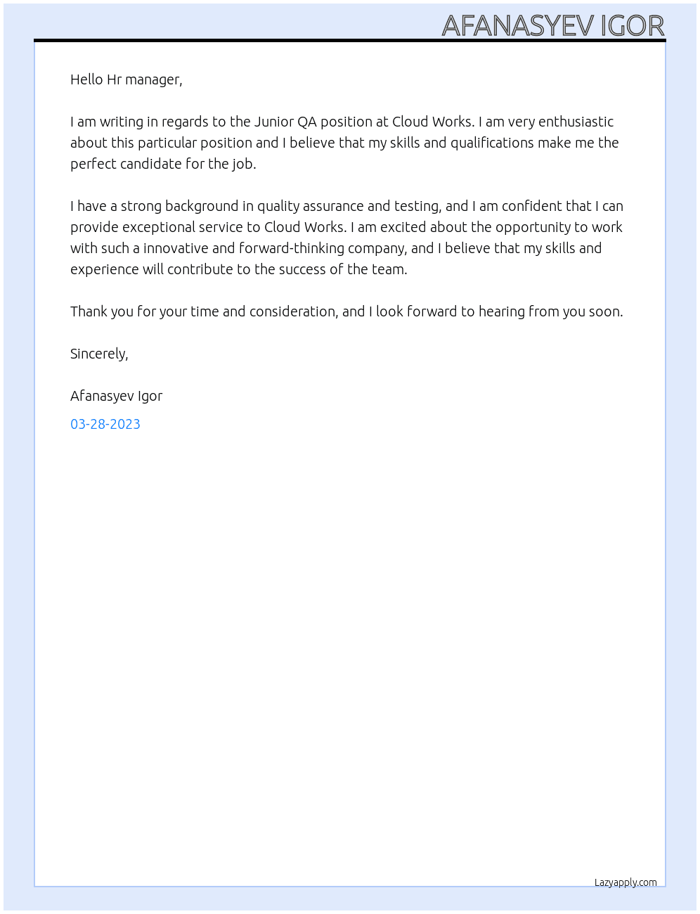 Junior QA At Cloud Works Cover Letter
