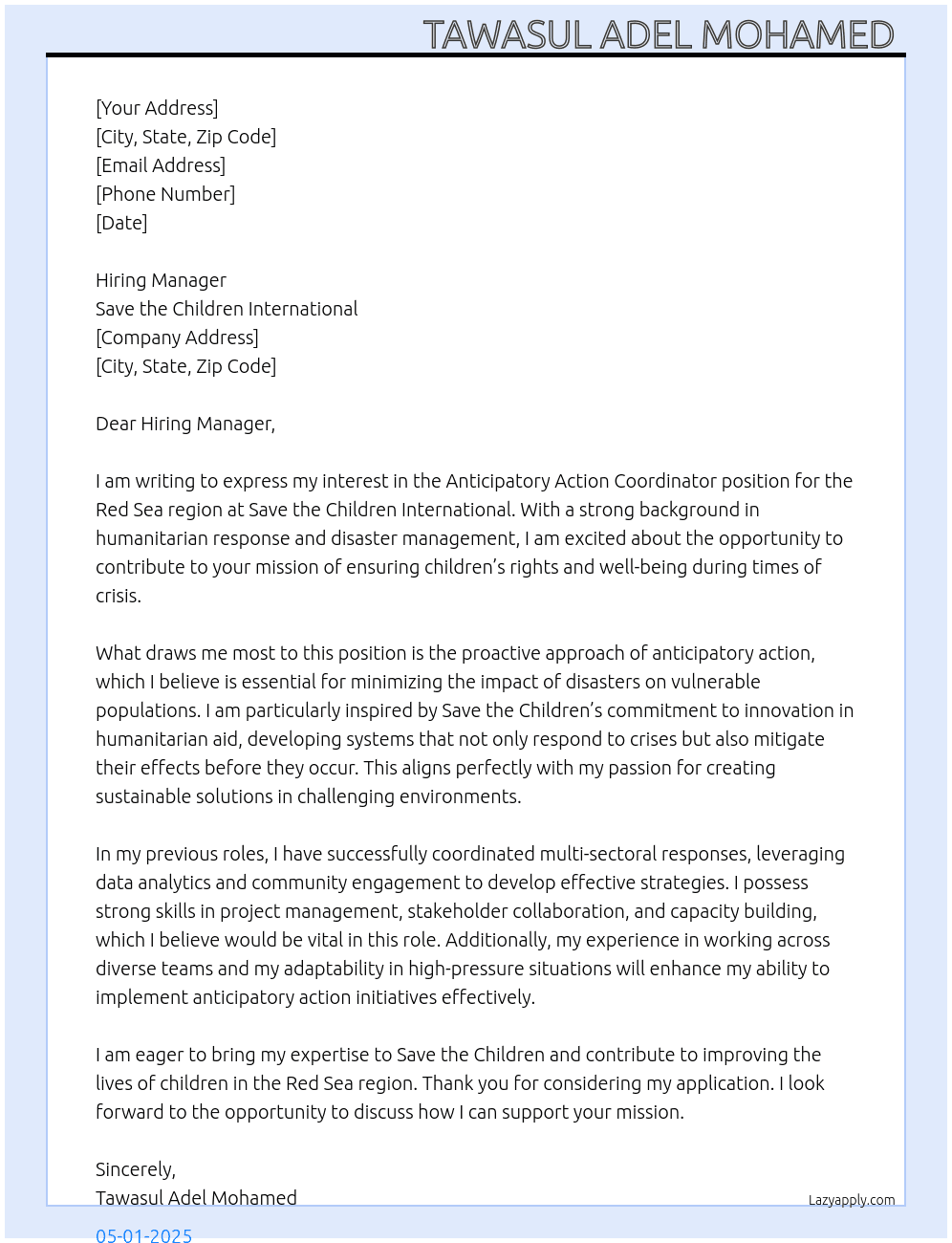 Cover letter for anticipatory action coordinator - red sea - LazyApply