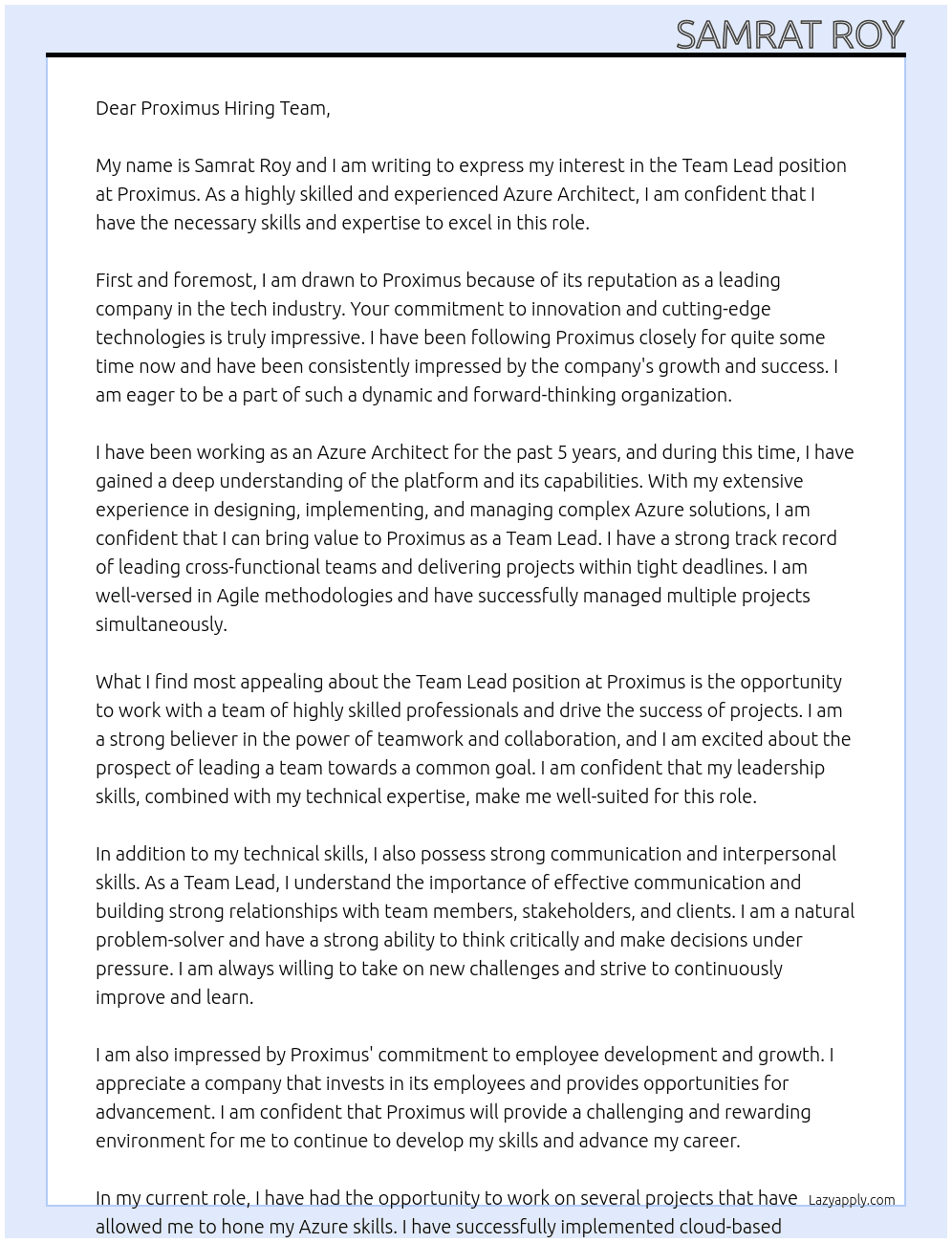 Team lead At Proximus Cover Letter