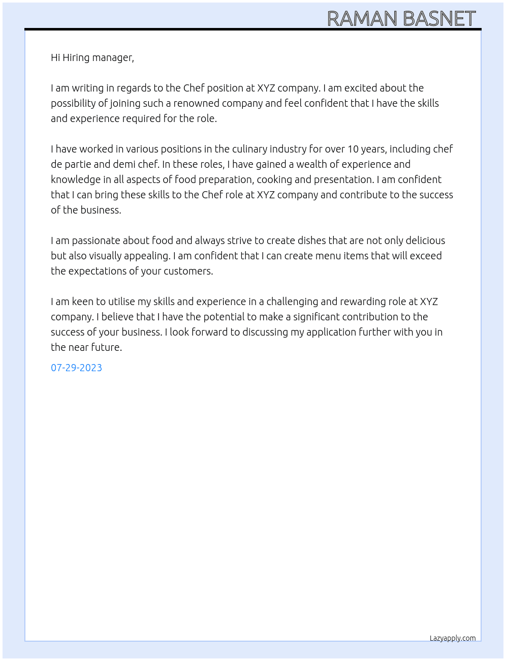 Chef At Xyz Cover Letter