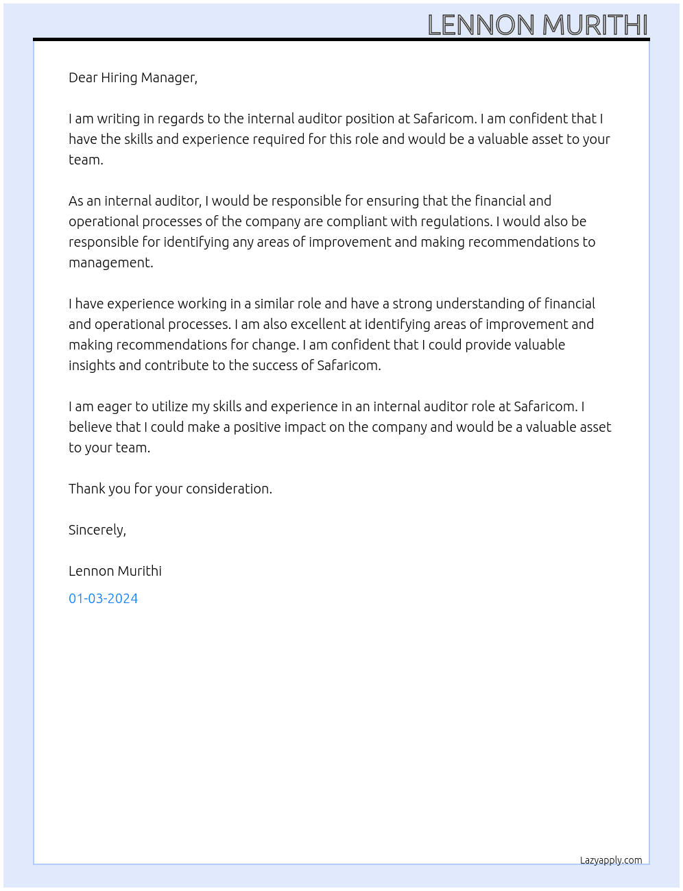 internal auditor At safaricom Cover Letter