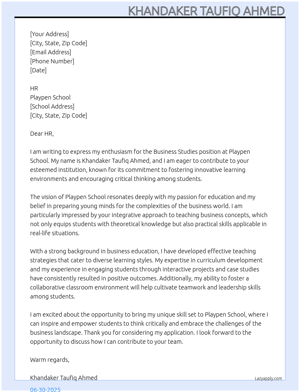 Business studies At Playpen School Cover Letter