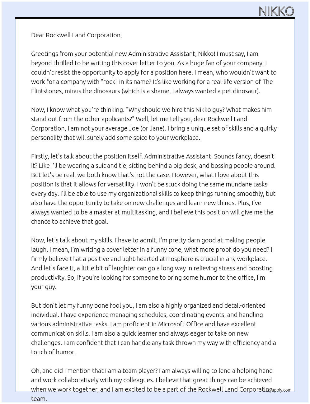 Administrative Assistant At Rockwell Land Corporation Cover Letter