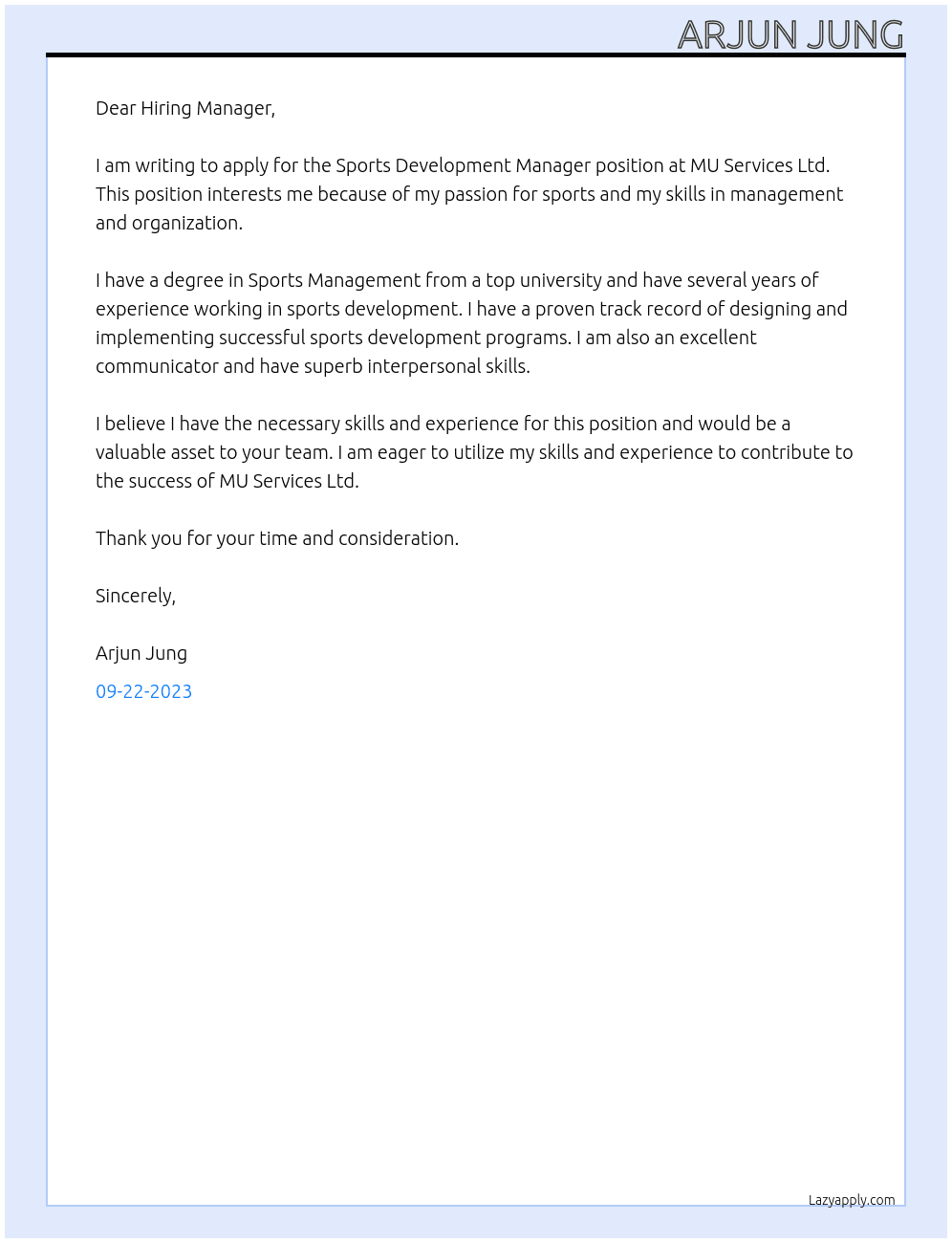 Sports Development Manager  At MU Services Ltd Cover Letter