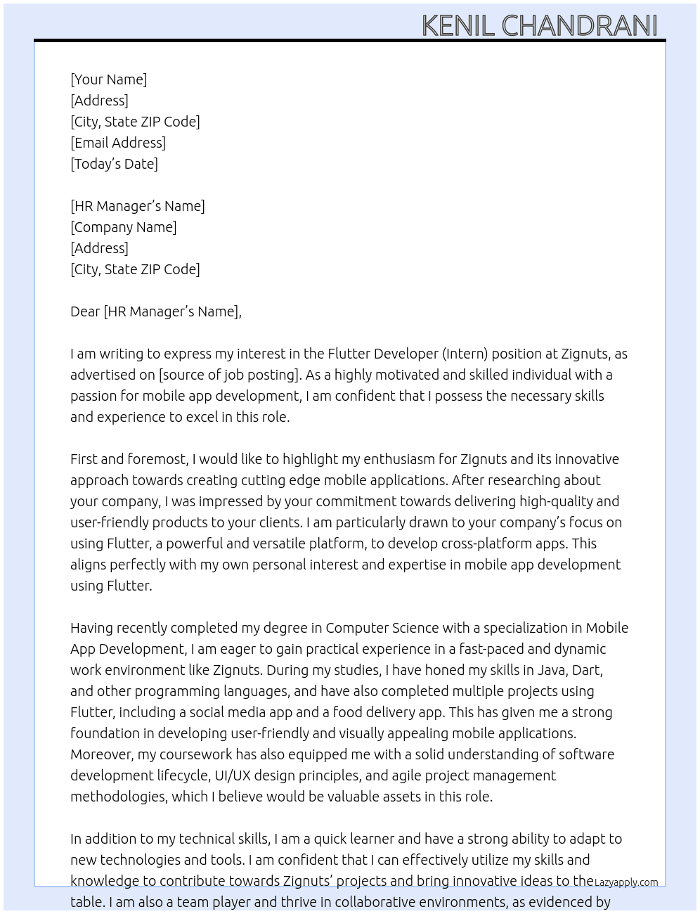 Flutter developer(intern) At Zignuts Cover Letter
