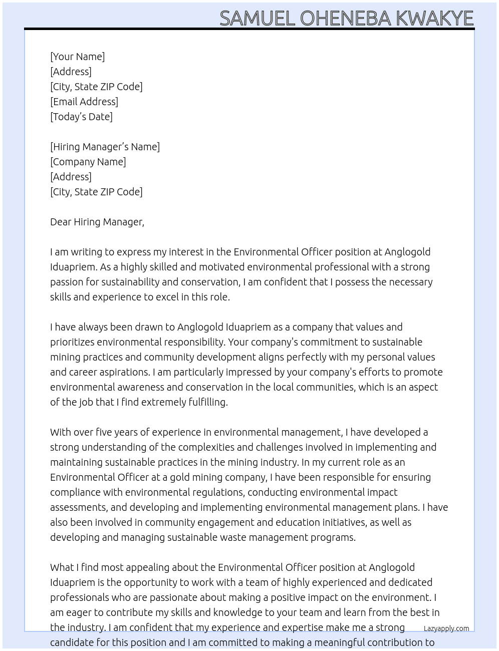 Environmental officer  At Anglogold Iduapriem  Cover Letter
