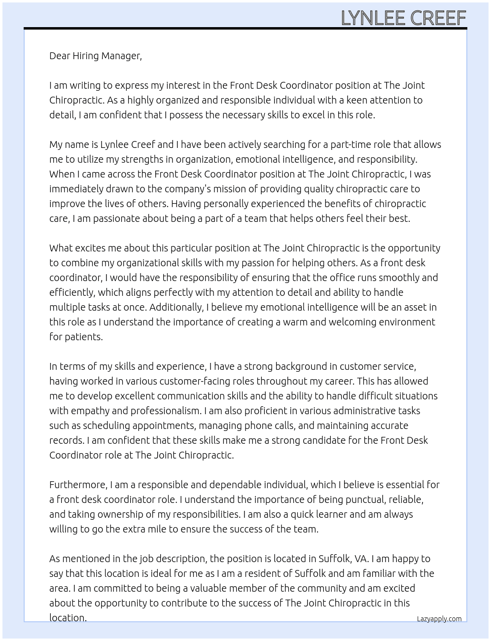 front desk coordinator At The Joint Chiropractic Cover Letter