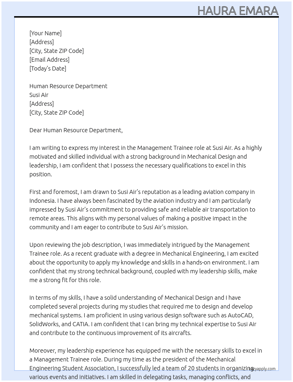 Management Trainee At Susi Air Cover Letter