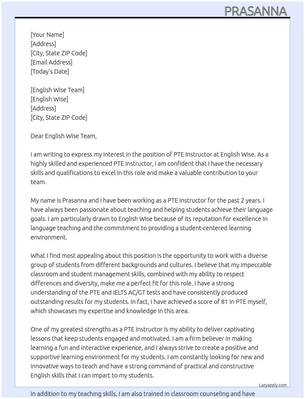 PTE Instructor  At English Wise  Cover Letter