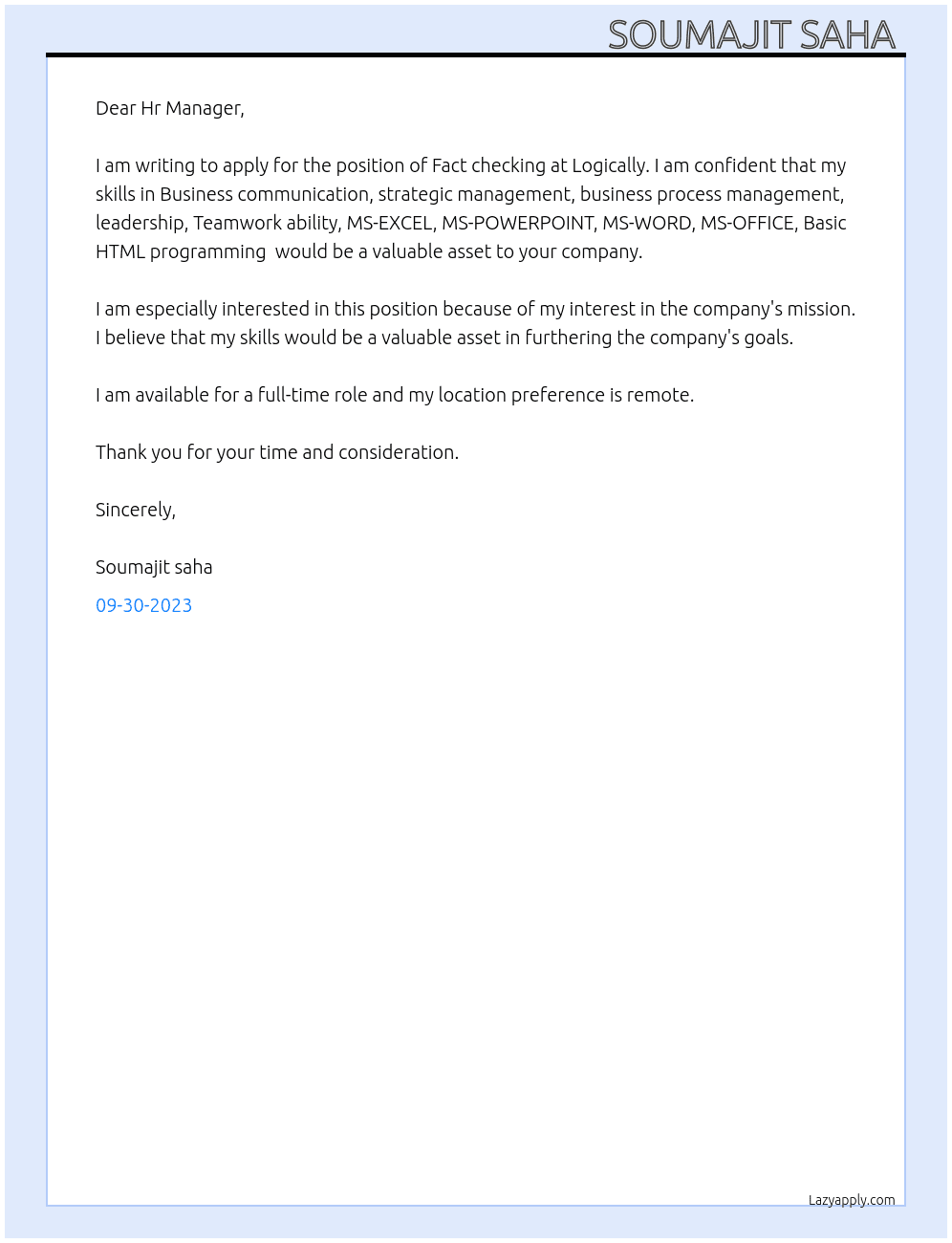 Fact checking  At Logically  Cover Letter