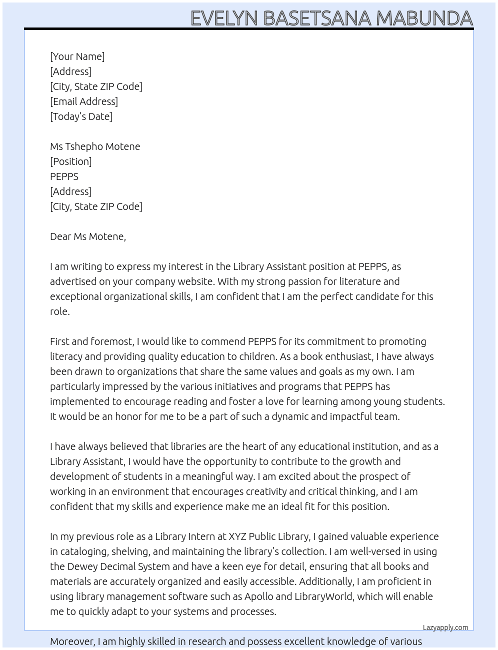 Library Assistant At PEPPS Cover Letter