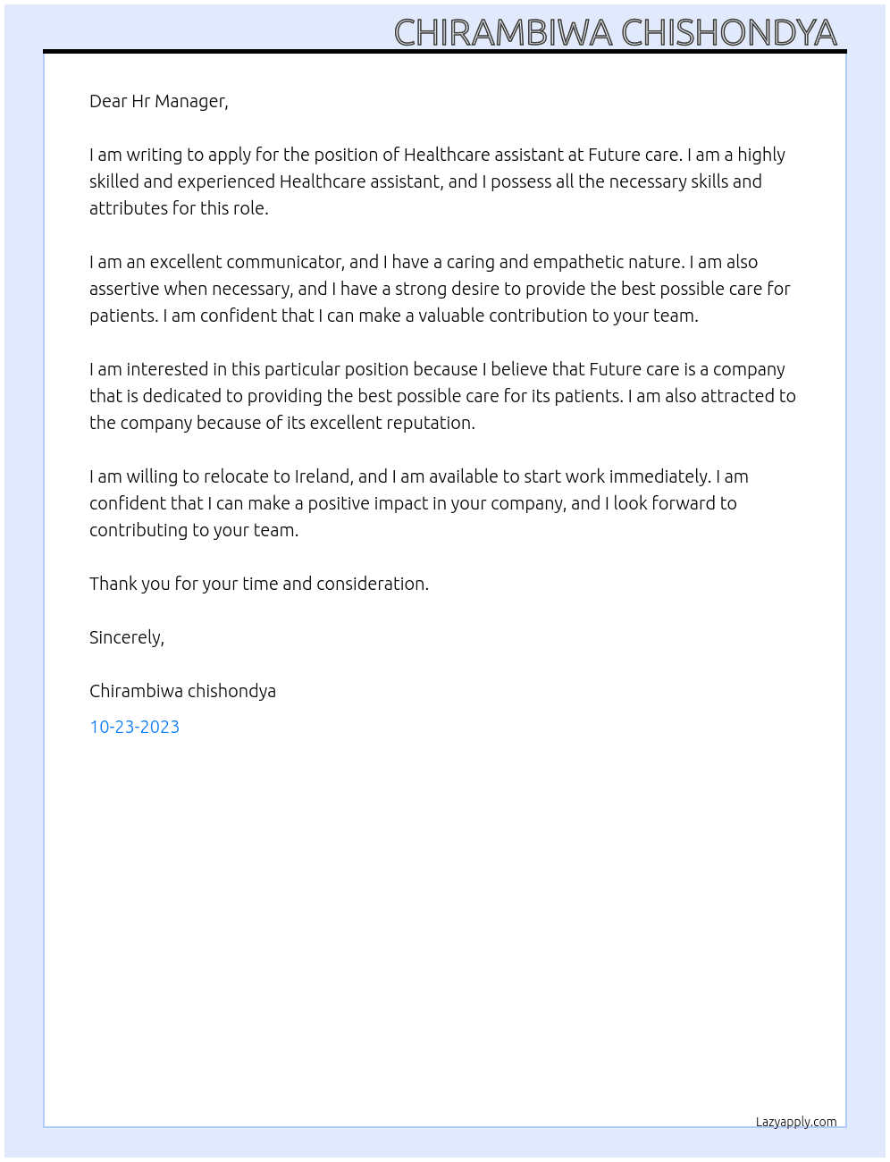 Healthcare assistant  At Future care Cover Letter