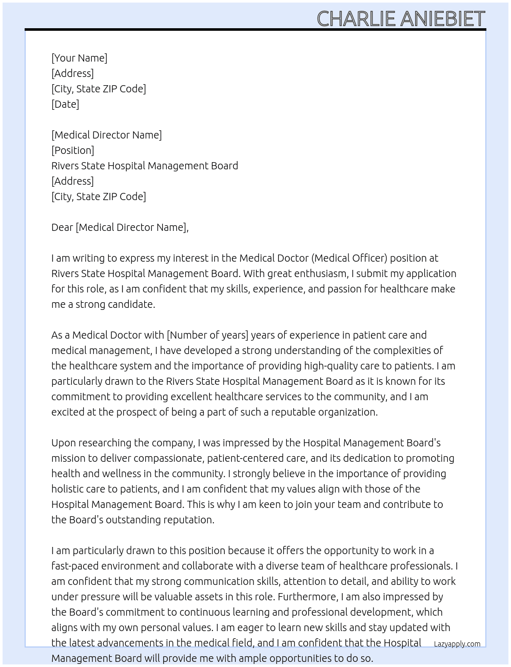 Medical doctor (medical officer) At Rivers state Hospital management Board  Cover Letter