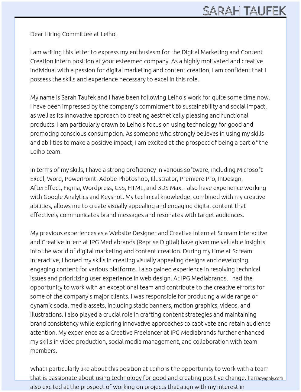 Digital marketing and content creation intern At Leiho Cover Letter