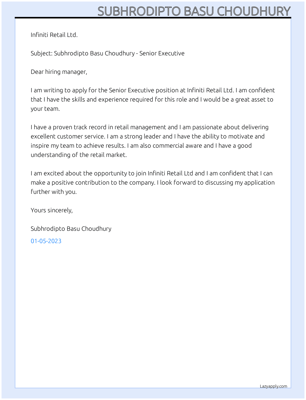 Senior Executive At Infiniti Retail Ltd. Cover Letter