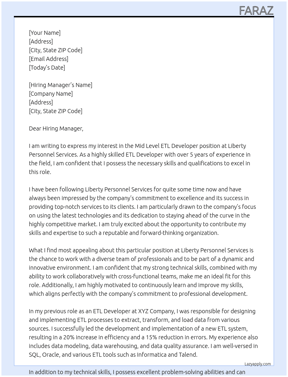 Mid Level ETL Developer At Liberty Personnel Services Cover Letter