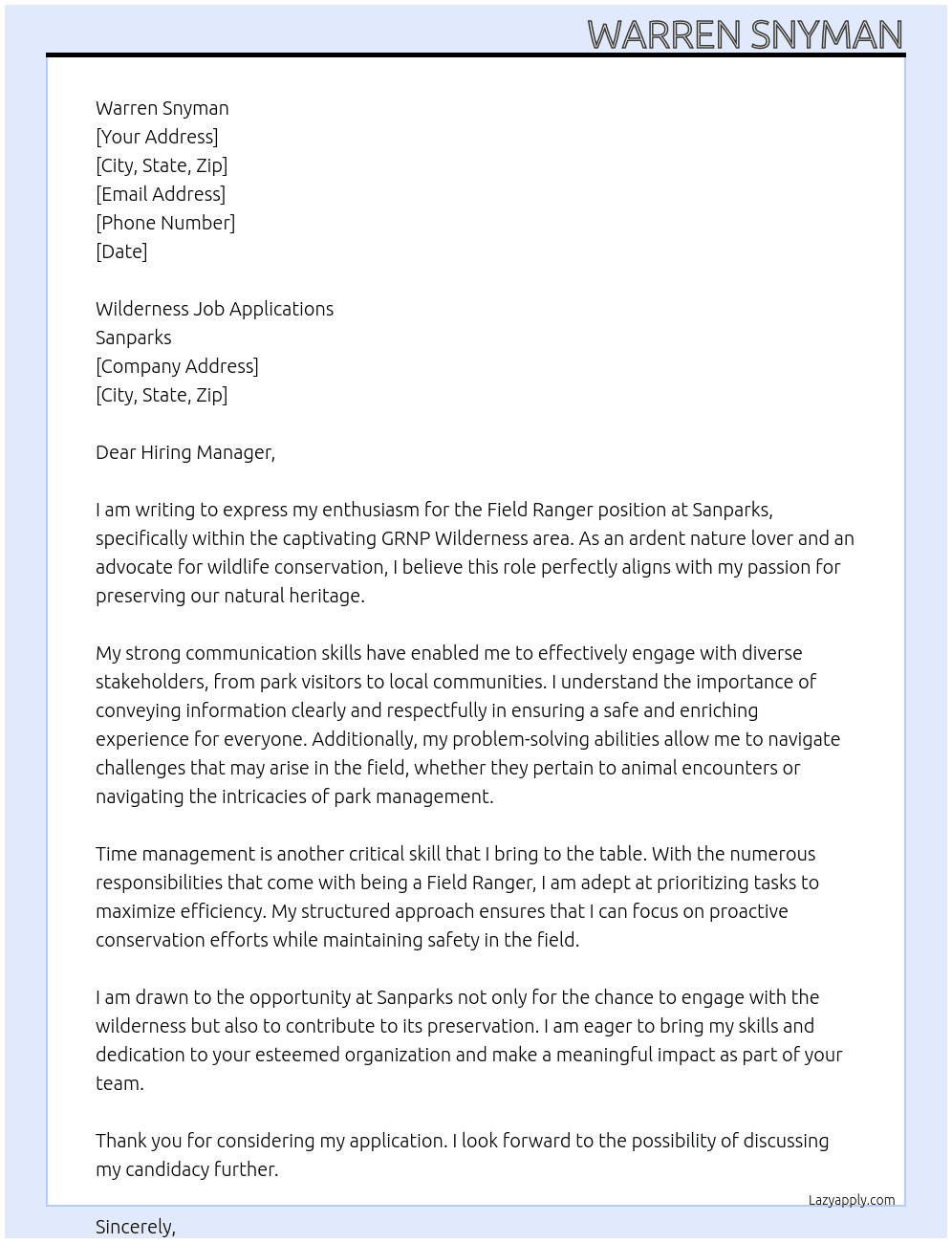 Field Ranger At Sanparks Cover Letter
