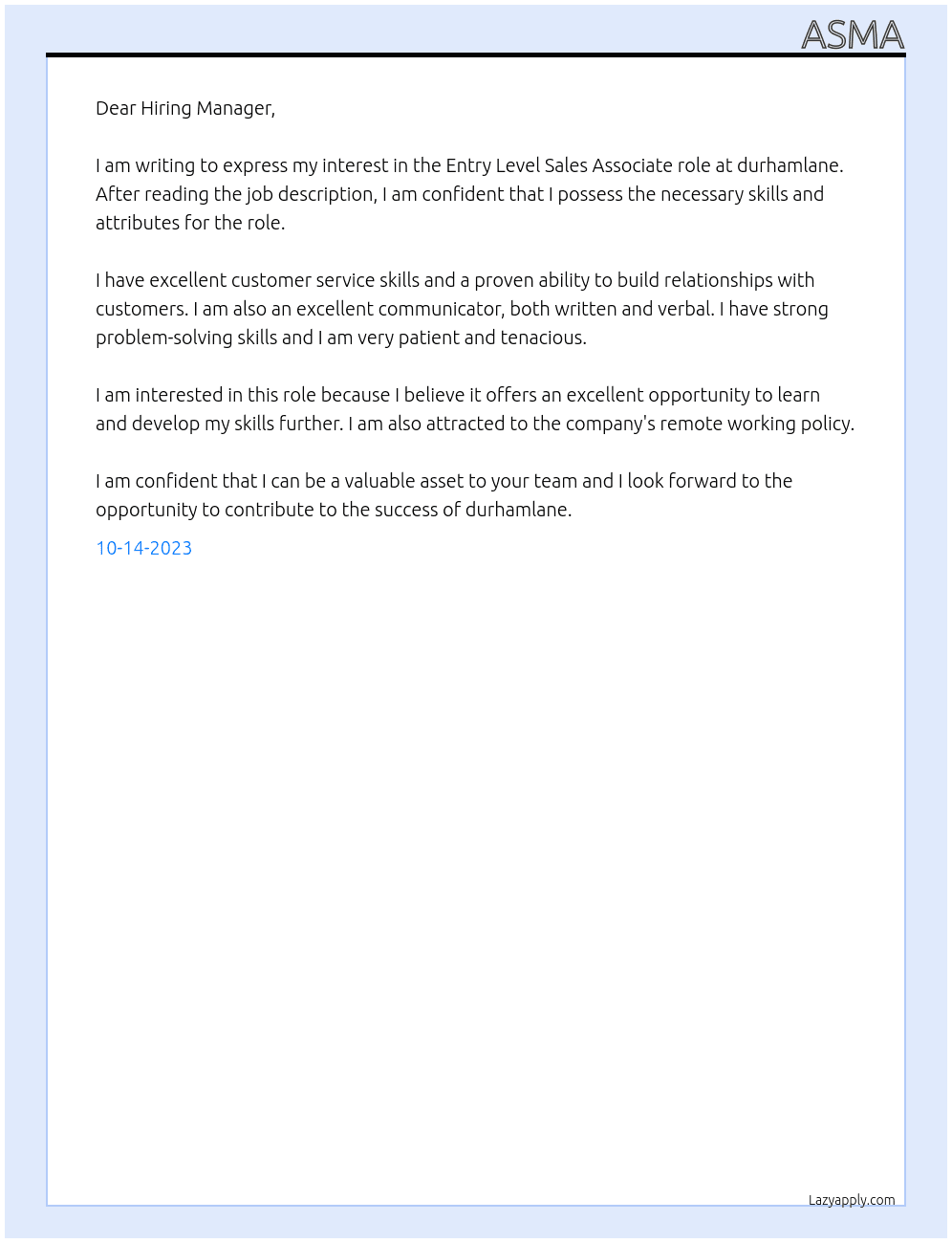 Entry Level Sales Associate At durhamlane Cover Letter