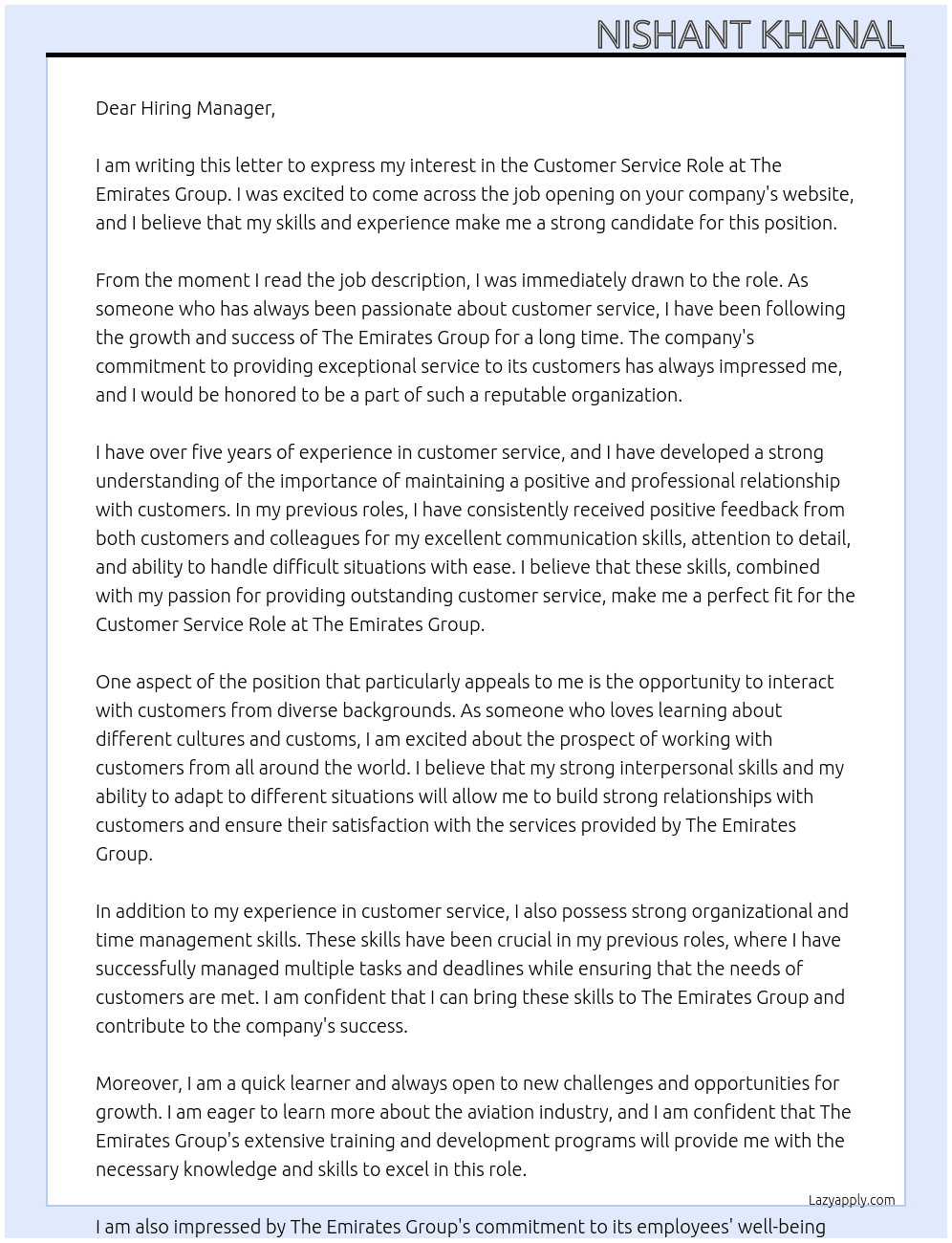 Customer service Role At The Emirates group  Cover Letter
