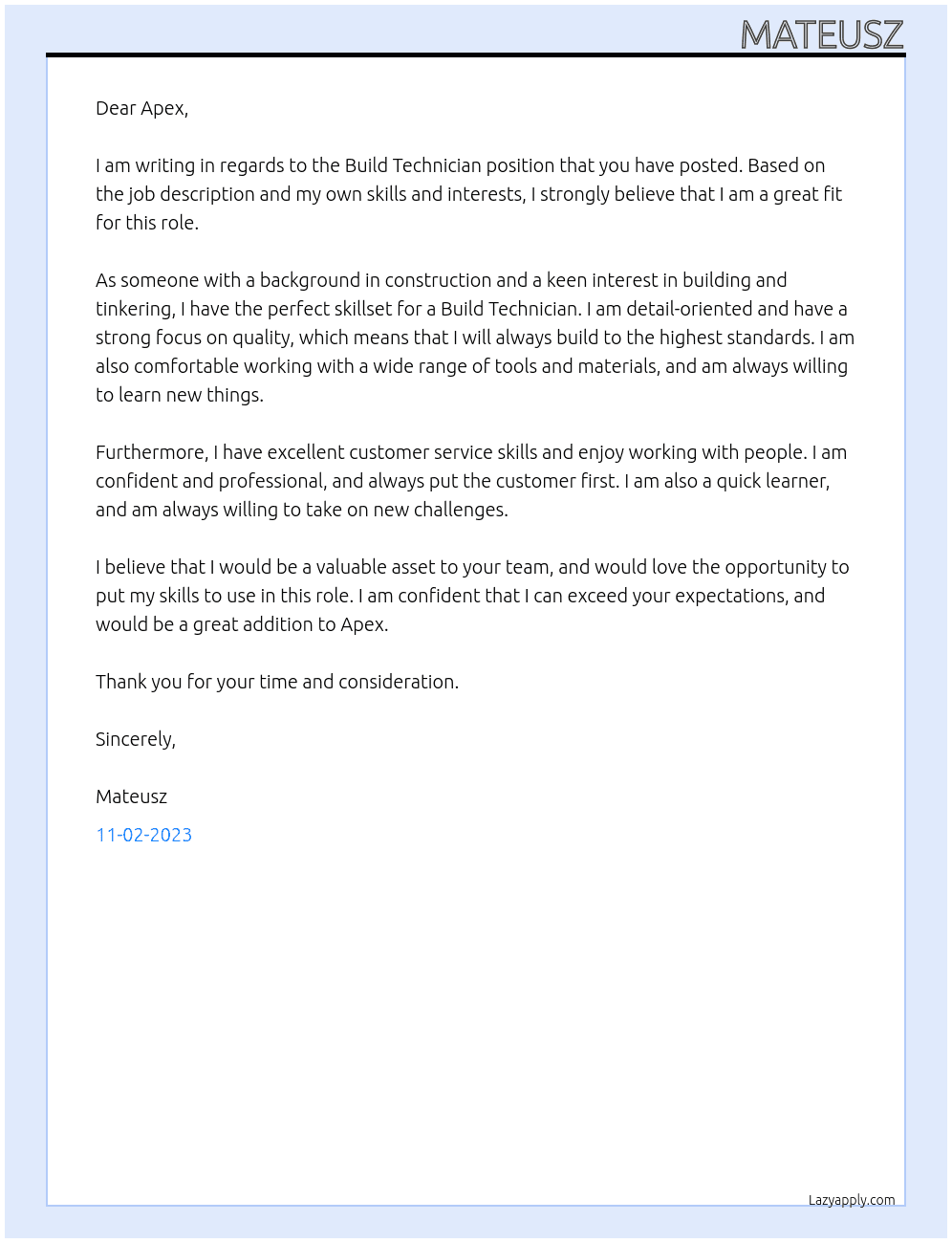 Build Technician At Apex Cover Letter