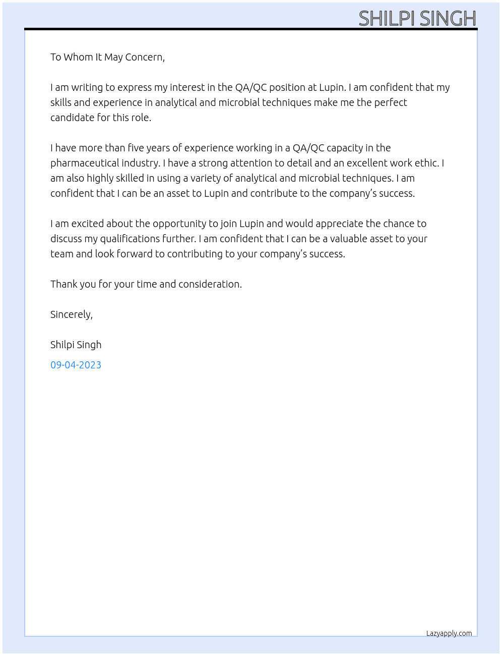 QA/QC At Lupin Cover Letter