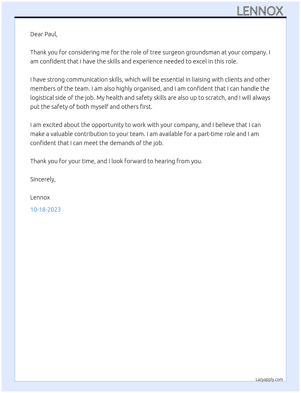tree surgeon groundsman  At tree surgeon Cover Letter