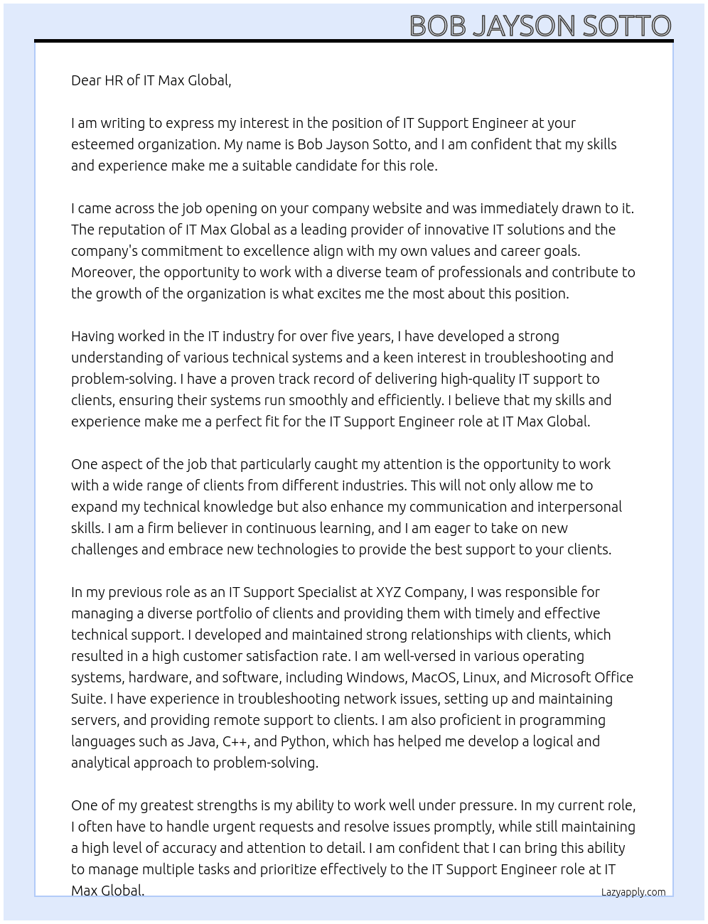 IT Support Engineer At IT Max Global Cover Letter