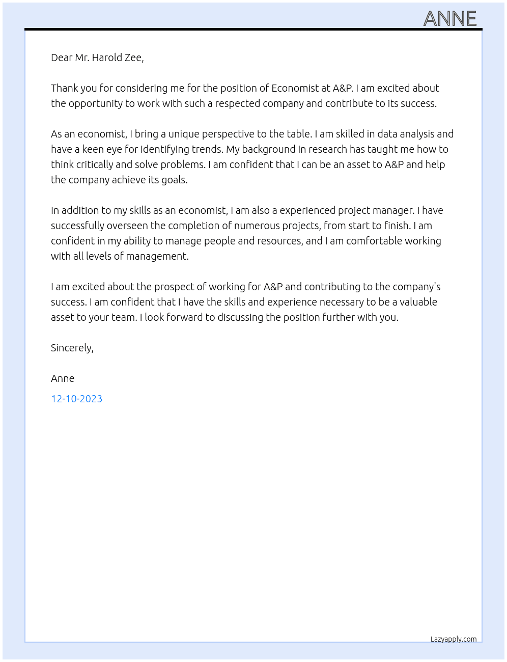 economist  At A&P Cover Letter