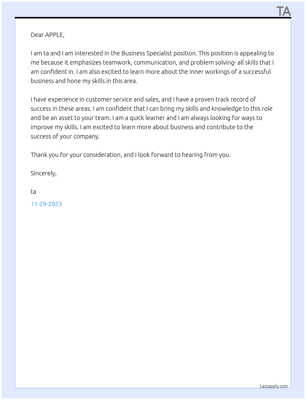 Business Specialist At APPLE Cover Letter