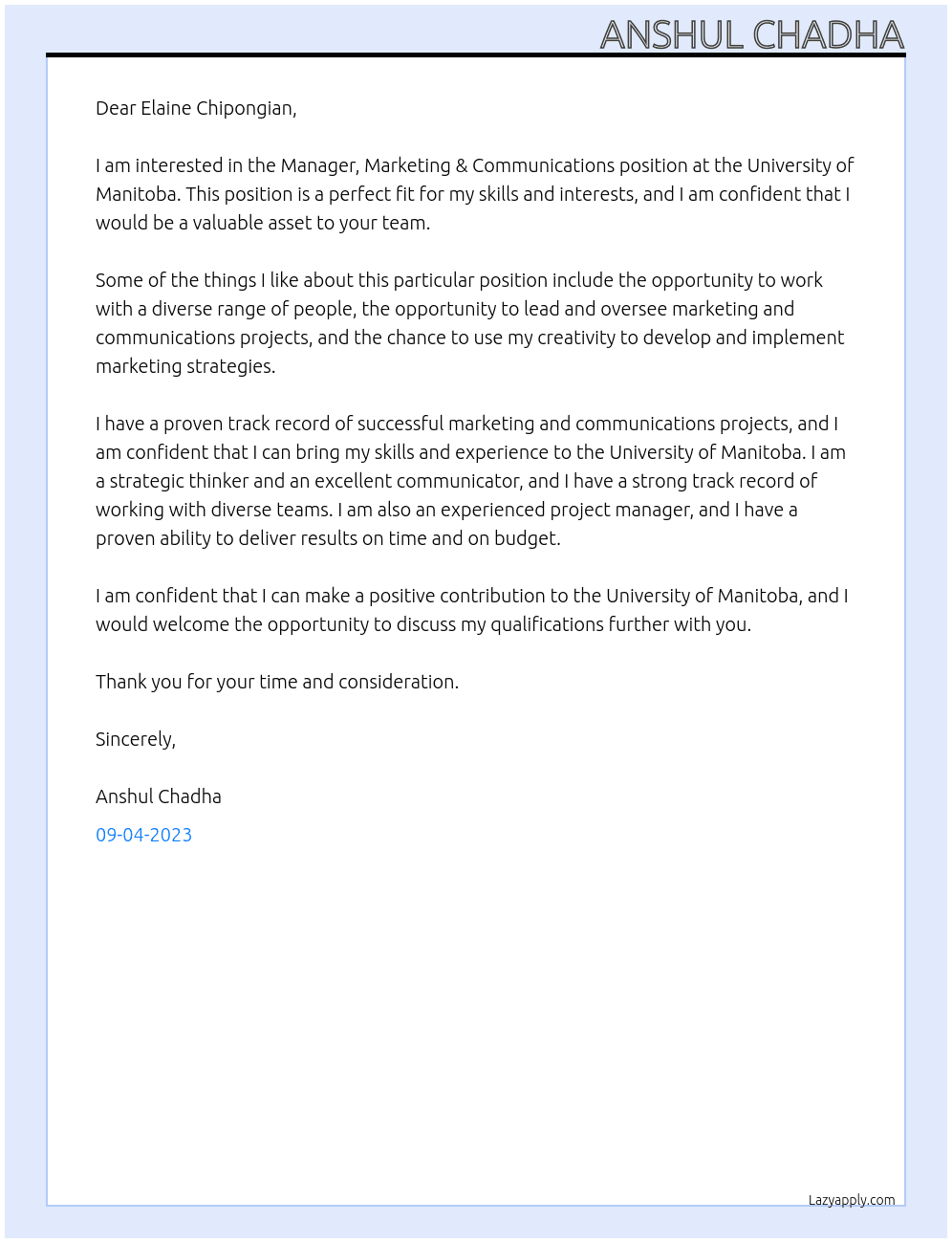 Manager, Marketing & Communications At University of Manitoba Cover Letter