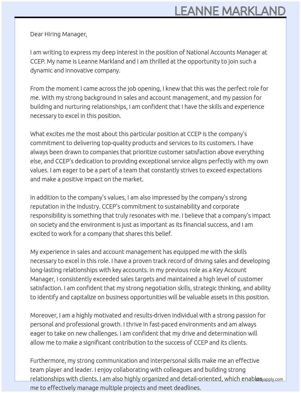 National Accounts Manager At CCEP Cover Letter