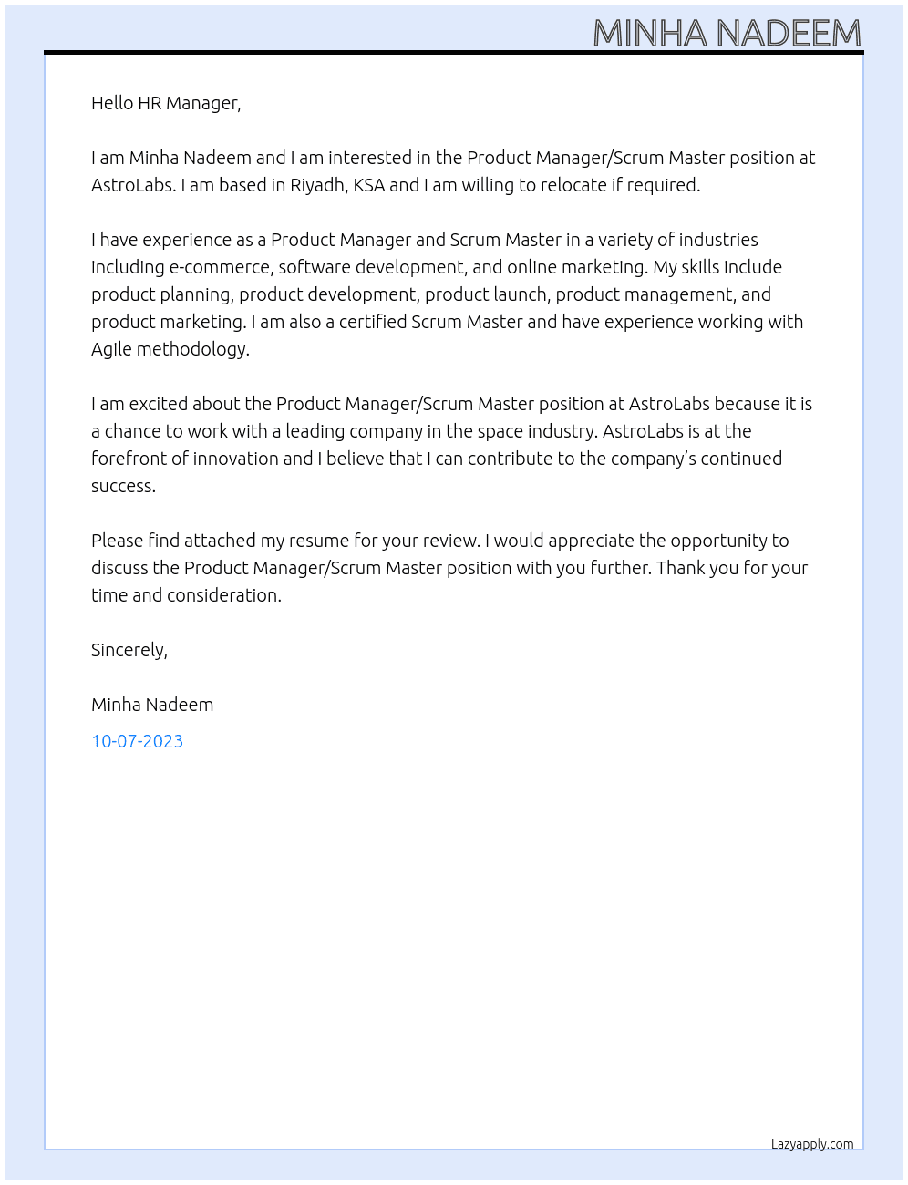Product Manager/Scrum Master At AstroLabs Cover Letter