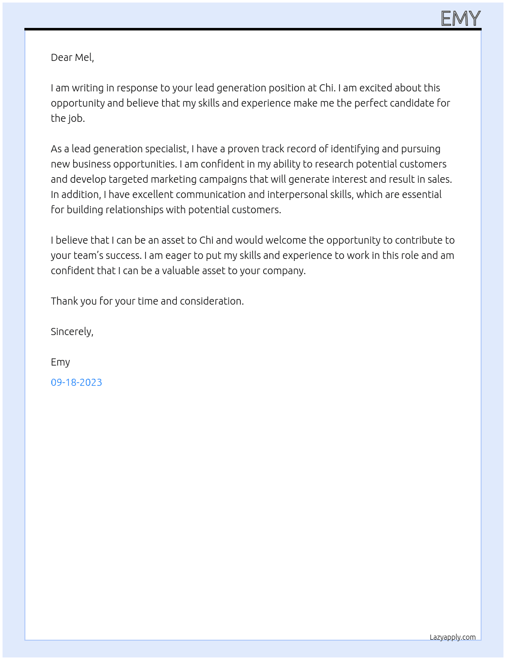 lead generation At Chi Cover Letter
