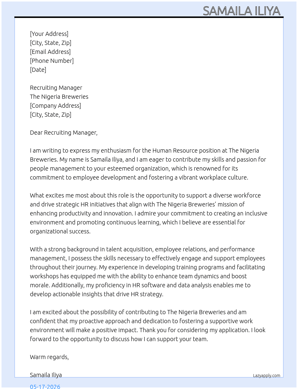 HUMAN RESOURCE  At The Nigeria Breweries  Cover Letter